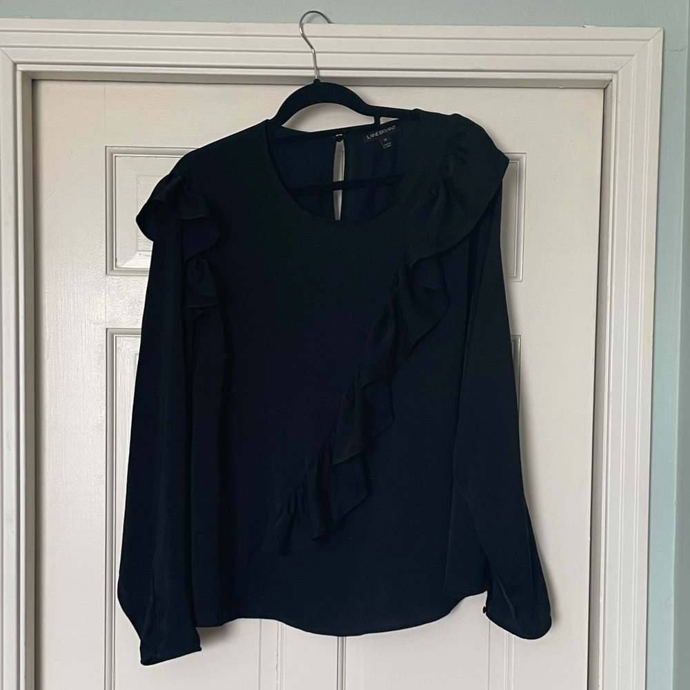 Lane Bryant Black satin ruffle long sleeved shirt